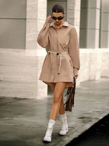 Hanevo Women's Casual Shirt Dress With Button And Belt Fall Cloth For Women - Khaki - View 8