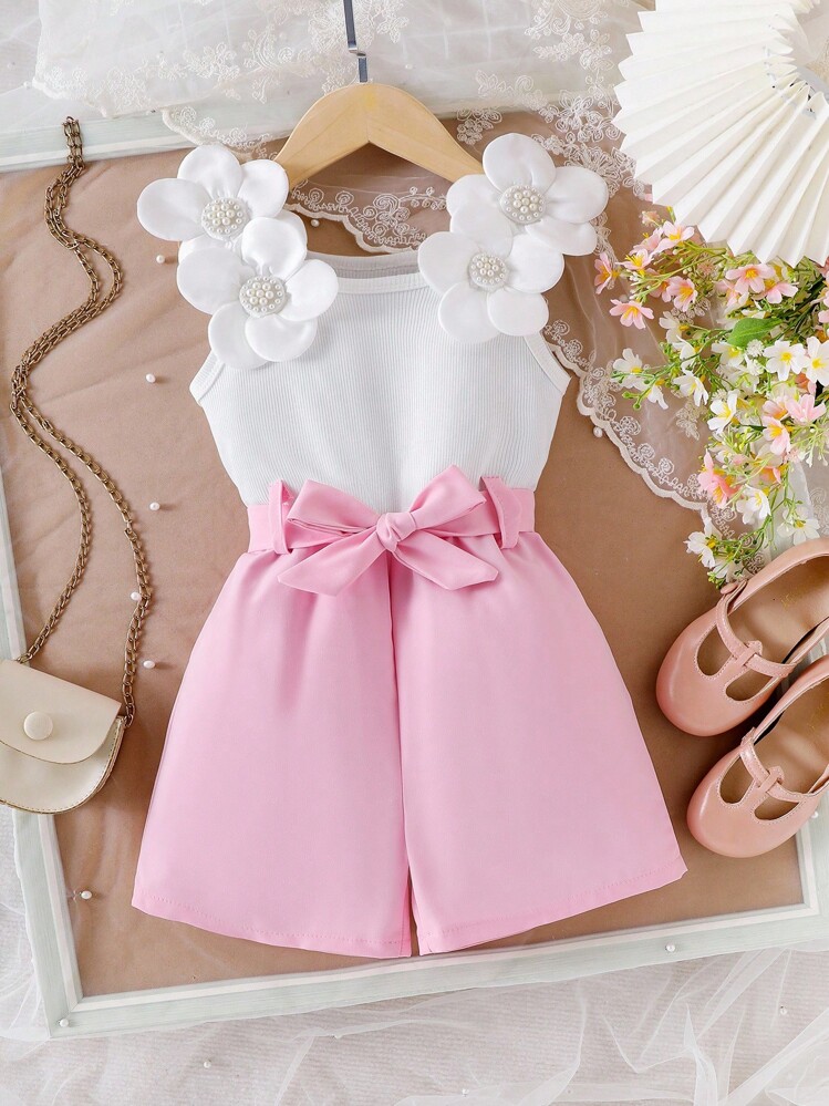 Elladie kids 女童碎花吊带连体衣，甜美舒适，配大碎花腰带，夏季休闲装 - 粉色 - 查看 3