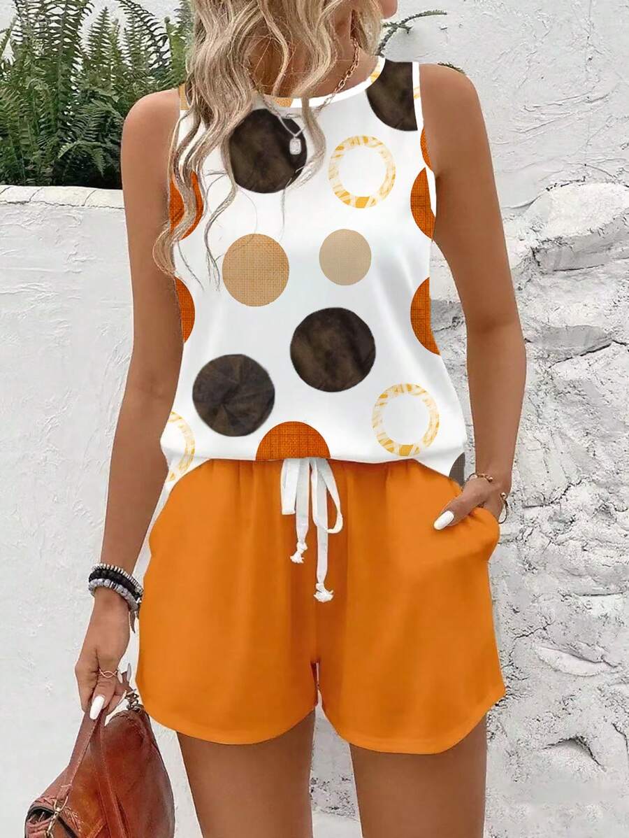 SHEIN LUNE Bộ 2 áo ba lỗ cổ tròn họa tiết chấm bi thường ngày cho nữ và quần short, phù hợp cho mùa hè - Nhiều màu - Xem 1