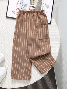 SHEIN 男童休闲舒适百搭条纹直筒裤 - 棕色 - 查看 2