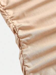 SHEIN Girlism 少女纯色褶饰下摆开衩修身休闲抹胸连衣裙 - 杏色 - 查看 4