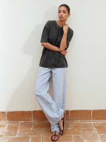 Maija 女士时尚黑色图案印花 T 恤，柔软舒适，宽松圆领落肩，现代都市时尚设计，背面采用大型数码印花装饰，适合俱乐部穿着，Y2K 风格 - 黑色 - 查看 3