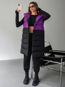 EURMUSE Padded Jacket Contrast Up And Drawstring With Hood And Pockets, Casual Vests - Multicolor - View 3