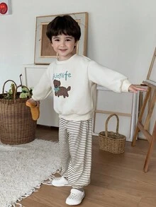 DAZY 2pcs Kids Fall Outfit, Young Boys Cartoon Graphic Fleece Sweatshirt And Striped Loose Casual Pants Set, Autumn, Winter - Apricot - View 8