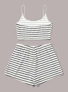SHEIN EZwear Striped Crop Cami Top & Tie Waist Shorts Set - Black and White - View 2