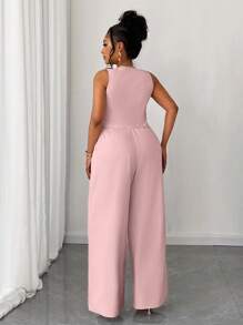 Maweii Bộ 2 món áo vest ngắn màu trơn và quần ống rộng cho nữ cỡ lớn - Hồng - Xem 2