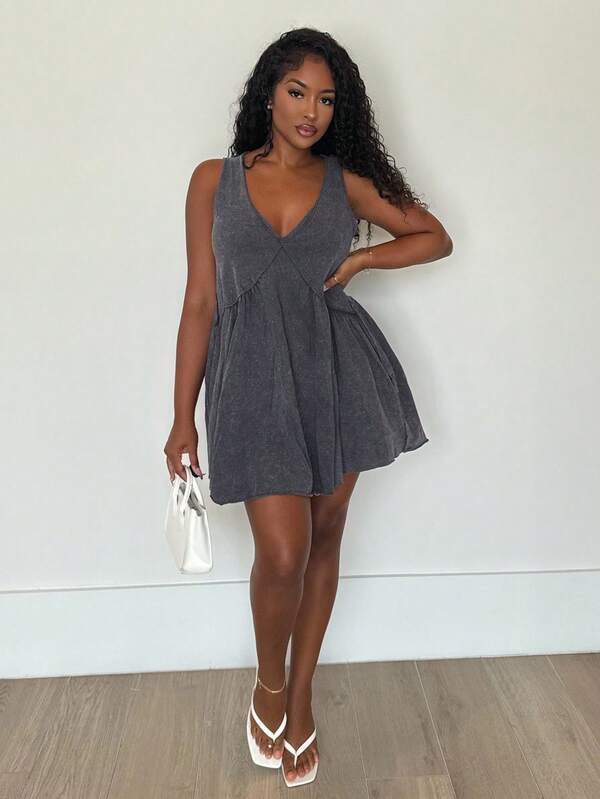 Alexandranx Casual Solid Color V-Neck Loose Knit Short Dress For Women Vacation Dress