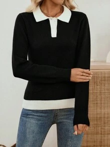 EMERY ROSE Áo len dệt kim dài tay cổ tròn màu trơn cổ polo thiết kế ngách đa năng cho nữ Áo len có cổ cho nữ Áo len chui đầu cho nữ Áo len polo dài tay cho nữ Áo len phong cách học sinh cho nữ Áo dài tay cho nữ vào mùa thu/đông - màu đen - Xem 1