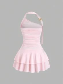 Sweetra New Design Halter Spiral Gold Jewelry Cinched Waist Cake Skirt Mini Dress For Women - Pink - View 2