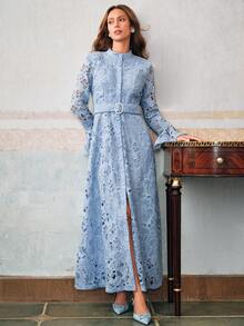 Anewsta 女式蓝色立领喇叭袖束带碎花连衣裙，秋冬款 - 藍色 - 查看 5