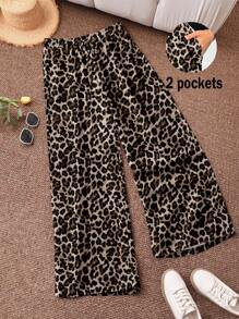 CosyJoli 大码女装新款春夏商务休闲沙滩裤，豹纹图案，口袋，适合海滩、度假、大学、情人节、邮轮、音乐节、街头，女式宽松夏季阔腿裤