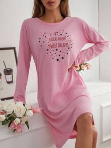 EURMUSE PLUS Women Contrast Colour Lettered Round Neck Long Sleeve Homewear Pajama Dress - Pink - View 1
