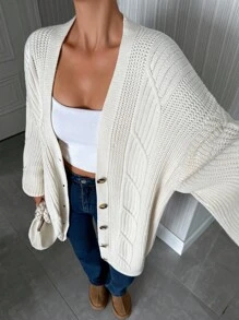 SHEIN Tall Tall Size Women Casual Plain Solid Color Long Sleeve Button Front Ribbed Loose Knit Cardigan Petite Everyday Home White Autumn - Beige - View 5