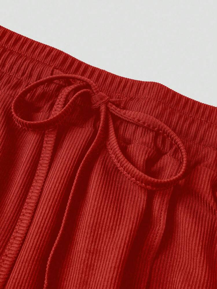 EURMUSE Women's Solid Color Minimalist Short Sleeve Top And Pants 2 Pieces Set, Casual Daily Wear - Red - View 6