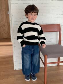 DAZY 幼儿男童宽松休闲条纹针织毛衣，基本款圆领长袖，秋季 - 黑與白 - 查看 2