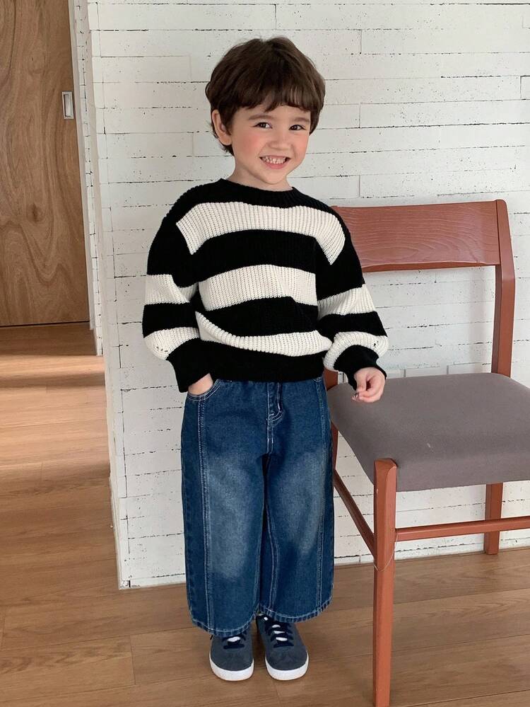 Toddler Boys' Loose Casual Striped Knit Sweater, Basic Round Neck Long Sleeve, Autumn