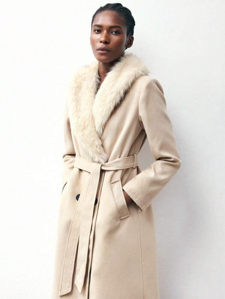 SHEIN Maija Khaki Faux Fur Collar Patchwork Long Belt Decor Overcoat, Modern Urban Casual Fashion For Women, Autumn/Winter Party Winter For Women For New Year Office For Women Thanksgiving For Women Halloween Costume Women