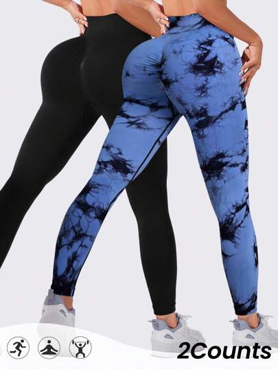 Easithlete Women's Casual Sports Tie-Dye Print Ruched Leggings