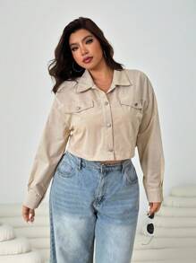 Solflare 大码女式纯色落肩长袖单排扣休闲夹克 - 卡其色 - 查看 5