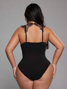 NU&NOW 大码女装春夏新年黑色蕾丝性感镂空系带前卫法式休闲年轻优雅时尚弹力针织百搭舒适内搭/外穿，年轻优雅性感拼接性感女式上衣，性感度假装，社交连体衣，黑色上衣，黑色连体衣，黑色胸衣，紧身高端透明露肩修身纯色连体衣 - 黑色 - 查看 2