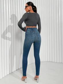 EURMUSE Casual Commute Washed High Waist Slim Fit Jeans Long Sleeve Cropped Top Jeans Top Jeans High Waist Jean Two Piece Set Tall Jeans Woman - Medium Wash - View 2