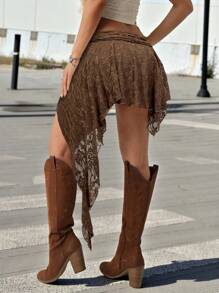 SHEIN ICON Women's Summer Lace Patchwork Beige Asymmetrical Drawstring Mini Skirt - Coffee Brown - View 2