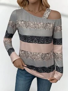 SHEIN LUNE Elegant Casual Faux Foil Graphic Print Oblique Shoulder Long Sleeve Loose Crew Neck Women Top T-Shirt Fall Cloth For Women - Multicolor - View 4