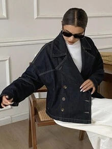 DAZY Women's Short Lapel Loose Denim Jacket And Coat