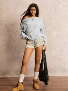 Easelle Casual Versatile Asymmetric Collar Women Sweatshirt In Gray Loose And Comfortable Fall Women Clothes Off The Shoulder - Dark Grey - View 3