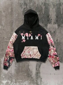 ROMWE MEN Anime Men's Floral Print Patchwork Hoodie Sweatshirt, Suitable For Everyday Wear - Black - View 6