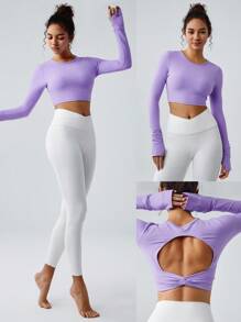 GLOWMODE FeatherFit™ Go Long Cutout Knotted Long Sleeve Tee With Thumbhole Low Impact Daily - Purple - View 5