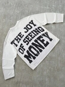 青少年男孩休闲日常舒适印花图案宽松圆领长袖针织 T 恤 - 白色 - 查看 2