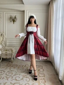 Flirla 大码女式休闲红色格子撞色长袖连衣裙 - 彩色 - 查看 5