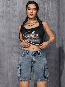 SHEIN ICON 女式休闲磨边口袋牛仔短裤