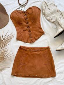 Soleia 女士性感抹胸绒面革铆钉解构短款上衣和低腰迷你裙 2 件套，适合节日派对、圣诞节、约会、夜总会、海滩、游轮、下午茶、波西米亚风、波西米亚风、浪漫花卉、度假 - 棕色 - 查看 3