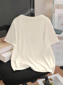 Camiseta ajustada de casual de manga corta y cuello redondo con bordado de letras para mujer de verano - Albaricoque - Ver 2