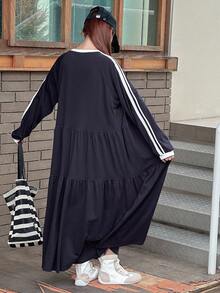 DAZY 少女 A 字连衣裙，宽松休闲小图案刺绣撞色丝带，秋季 - 藏蓝色 - 查看 8