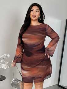 Firerie Plus Size Women's Ombre Gradient Print Backless Flare Sleeve Mini Mesh Sheer Sexy Flare Sleeve Dress, Vacation Dress, Sexy/Vacation/Beach/Romantic/Music Festival/Casual/Music Festival Art Print Gradient Pattern Short Dress With Waist And Back Tie Clothes For Women Abstract Print Dress Slay Diva Dress Curvy Dress Long Sleeve Dresses Curvy Summer Spring - Multicolor - View 5