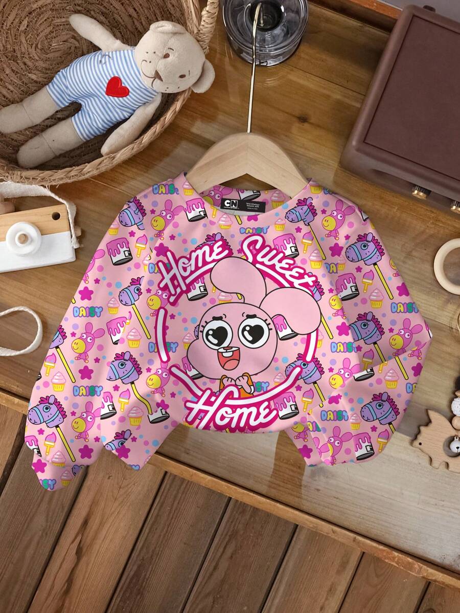 GUMBALL X SHEIN Áo nỉ dài tay cổ tròn họa tiết hoạt hình cho bé gái - trắng - Xem 1