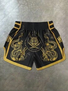 PAVTROS 男士短裤连体套装 松紧腰 宽容度高 高腰短版 超级短裤 亮面面料 黑白龙虎图案 泰式平角短裤 运动休闲篮球短裤 侧开衩 Ins热销 年轻休闲运动日常通勤度假装 送男朋友老公礼物首选 情侣装 - 彩色 - 查看 5