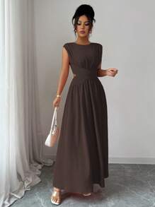 Elenzga Đầm maxi dài không tay dáng chữ A, cổ tròn, eo thon, xẻ tà, màu trơn, thanh lịch, tối giản, cao cấp dành cho nữ, thích hợp mặc đi làm, đi biển, đi nghỉ, lễ hội âm nhạc, xuân/hè - Cà phê nâu - Xem 7