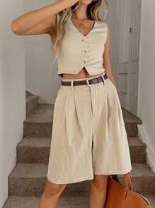 Easowa Camisa sin mangas con cuello en V, abotonada y bajo asimétrico, estilo casual, elegante y de vacaciones para mujer, estilo "Old Money" para primavera/verano