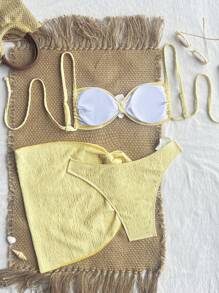 Swim Vcay 女士纹理面料花卉装饰露背系带性感甜美休闲奶油黄三件套比基尼，适合海滩和度假 - 黃色 - 查看 2