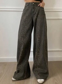 Dazy Tall 女式宽松街头风格直筒裤，豹纹牛仔裤 - 棕色 - 查看 2