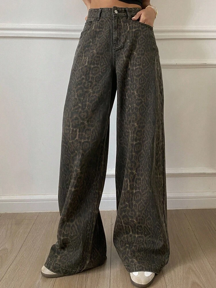Women's Loose Street Style Straight Leg Pants, Leopard Print Jeans