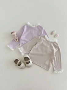 SHEIN 2 件女婴休闲可爱蕾丝设计针织长袖上衣，适合秋冬季日常穿着，百搭 - 彩色 - 查看 8