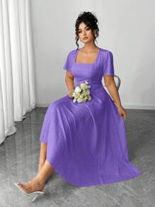 Elenzga Plus Size Women's Elegant French Style Square Neck Short Sleeve Dress, Suitable For Commuting - Purple - View 6