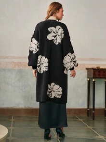 Anewsta Women's Loose Knit Cardigan, Black Jacquard Textured High-End Winter Jacket - Black - View 2