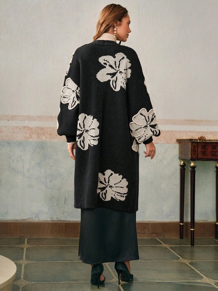 Women's Loose Knit Cardigan, Black Jacquard Textured High-End Winter Jacket