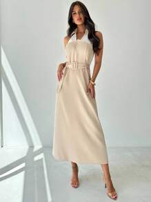 Firerie Women's Elegant Casual Commute Office Wear Fashion Versatile Khaki Shirt Collar 2 In 1 Sleeveless Tie-Waist Open Back A-Line Dress, Summer Outfit, Retro Style - Khaki - View 4